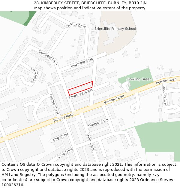 28, KIMBERLEY STREET, BRIERCLIFFE, BURNLEY, BB10 2JN: Location map and indicative extent of plot