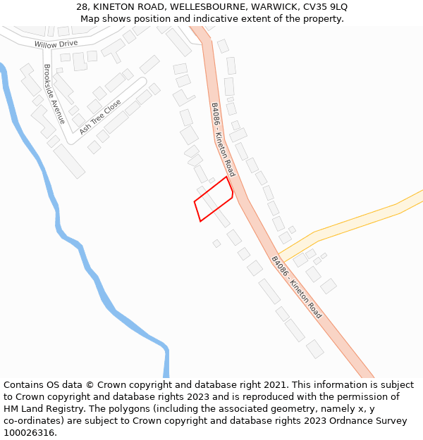 28, KINETON ROAD, WELLESBOURNE, WARWICK, CV35 9LQ: Location map and indicative extent of plot