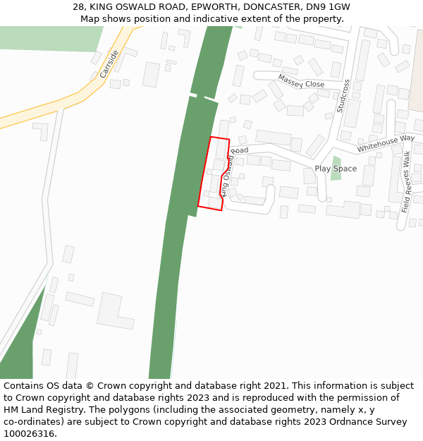 28, KING OSWALD ROAD, EPWORTH, DONCASTER, DN9 1GW: Location map and indicative extent of plot
