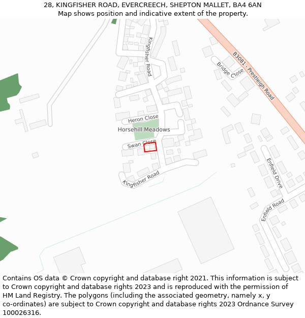 28, KINGFISHER ROAD, EVERCREECH, SHEPTON MALLET, BA4 6AN: Location map and indicative extent of plot