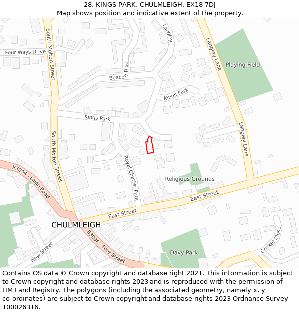 28, KINGS PARK, CHULMLEIGH, EX18 7DJ: Location map and indicative extent of plot