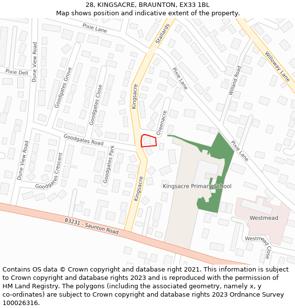 28, KINGSACRE, BRAUNTON, EX33 1BL: Location map and indicative extent of plot