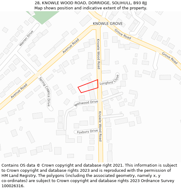 28, KNOWLE WOOD ROAD, DORRIDGE, SOLIHULL, B93 8JJ: Location map and indicative extent of plot