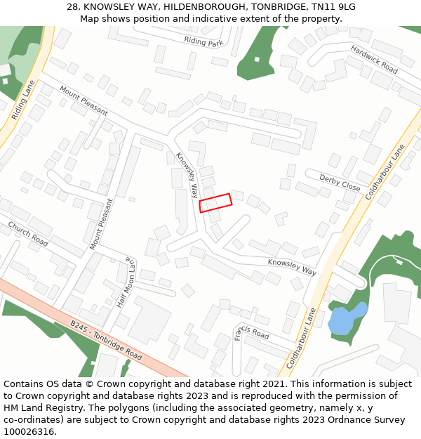 28, KNOWSLEY WAY, HILDENBOROUGH, TONBRIDGE, TN11 9LG: Location map and indicative extent of plot