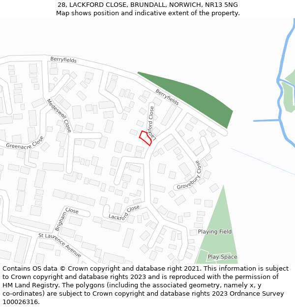 28, LACKFORD CLOSE, BRUNDALL, NORWICH, NR13 5NG: Location map and indicative extent of plot