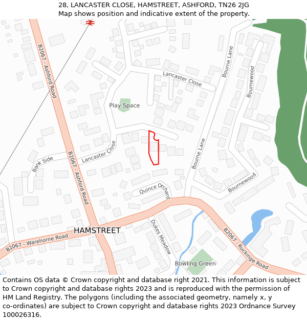 28, LANCASTER CLOSE, HAMSTREET, ASHFORD, TN26 2JG: Location map and indicative extent of plot