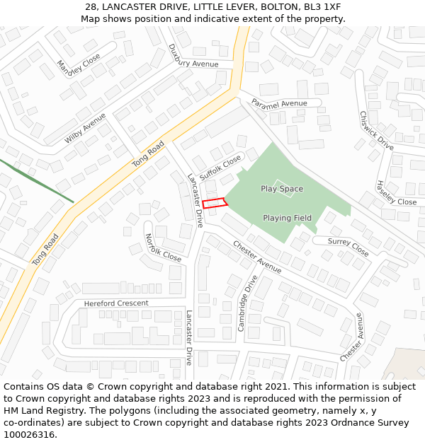 28, LANCASTER DRIVE, LITTLE LEVER, BOLTON, BL3 1XF: Location map and indicative extent of plot