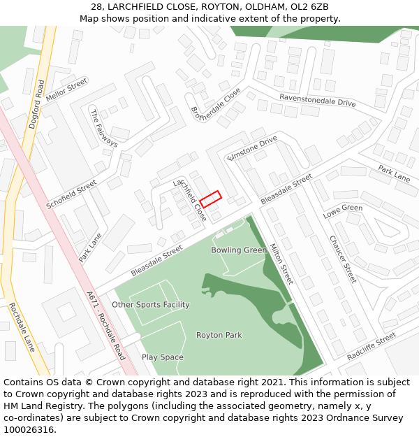 28, LARCHFIELD CLOSE, ROYTON, OLDHAM, OL2 6ZB: Location map and indicative extent of plot