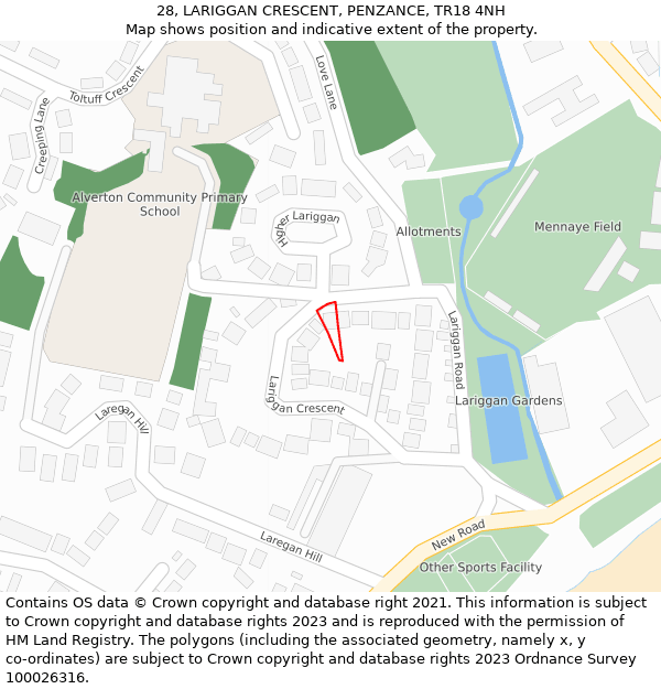 28, LARIGGAN CRESCENT, PENZANCE, TR18 4NH: Location map and indicative extent of plot