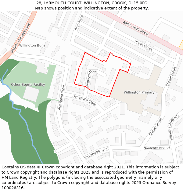 28, LARMOUTH COURT, WILLINGTON, CROOK, DL15 0FG: Location map and indicative extent of plot