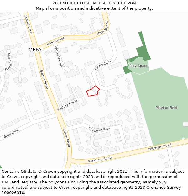 28, LAUREL CLOSE, MEPAL, ELY, CB6 2BN: Location map and indicative extent of plot