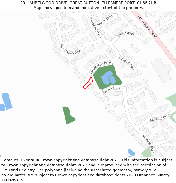 28, LAURELWOOD DRIVE, GREAT SUTTON, ELLESMERE PORT, CH66 2HB: Location map and indicative extent of plot