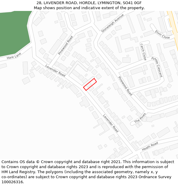 28, LAVENDER ROAD, HORDLE, LYMINGTON, SO41 0GF: Location map and indicative extent of plot