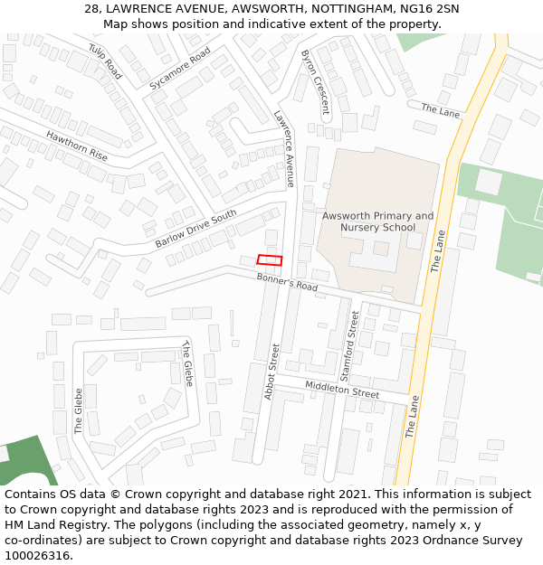 28, LAWRENCE AVENUE, AWSWORTH, NOTTINGHAM, NG16 2SN: Location map and indicative extent of plot