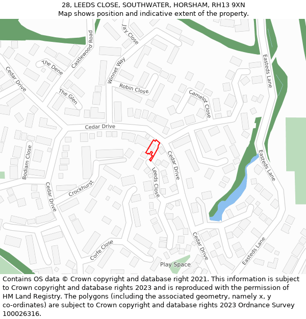 28, LEEDS CLOSE, SOUTHWATER, HORSHAM, RH13 9XN: Location map and indicative extent of plot