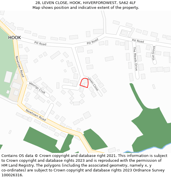 28, LEVEN CLOSE, HOOK, HAVERFORDWEST, SA62 4LF: Location map and indicative extent of plot