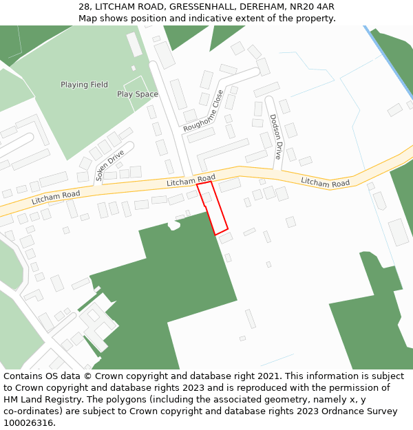 28, LITCHAM ROAD, GRESSENHALL, DEREHAM, NR20 4AR: Location map and indicative extent of plot