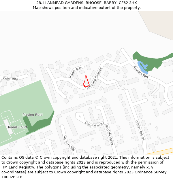 28, LLANMEAD GARDENS, RHOOSE, BARRY, CF62 3HX: Location map and indicative extent of plot