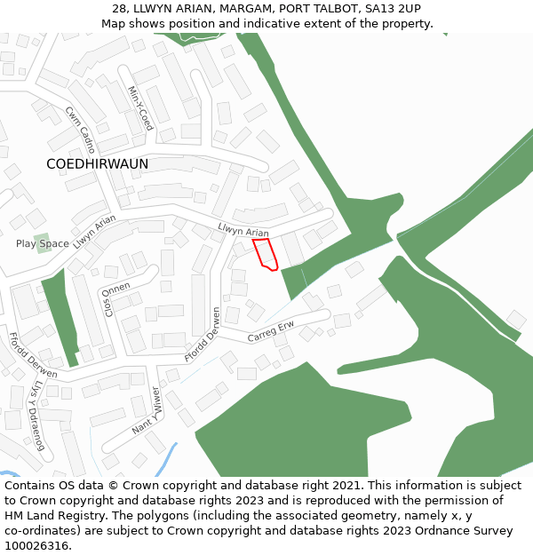 28, LLWYN ARIAN, MARGAM, PORT TALBOT, SA13 2UP: Location map and indicative extent of plot