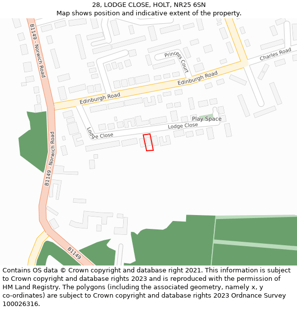 28, LODGE CLOSE, HOLT, NR25 6SN: Location map and indicative extent of plot