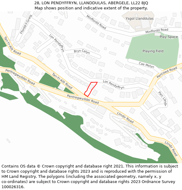 28, LON PENDYFFRYN, LLANDDULAS, ABERGELE, LL22 8JQ: Location map and indicative extent of plot