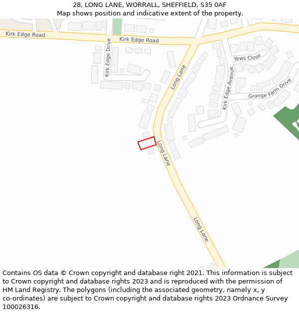 28, LONG LANE, WORRALL, SHEFFIELD, S35 0AF: Location map and indicative extent of plot