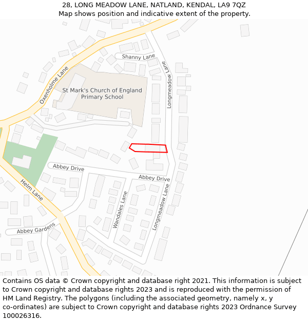 28, LONG MEADOW LANE, NATLAND, KENDAL, LA9 7QZ: Location map and indicative extent of plot