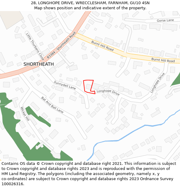 28, LONGHOPE DRIVE, WRECCLESHAM, FARNHAM, GU10 4SN: Location map and indicative extent of plot