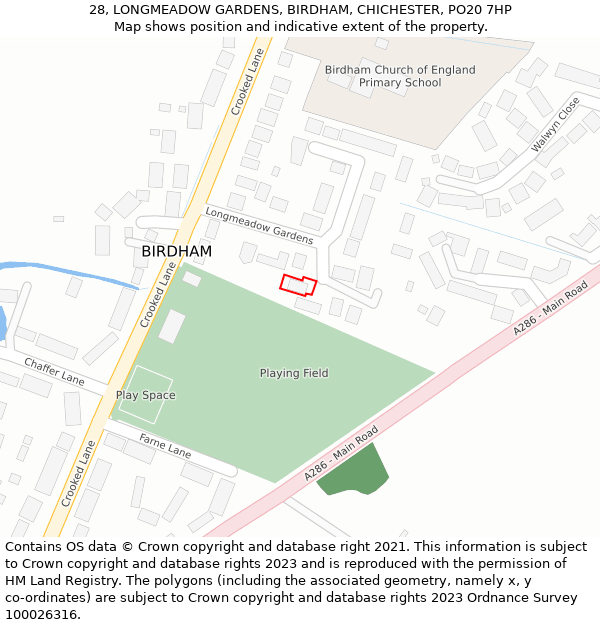 28, LONGMEADOW GARDENS, BIRDHAM, CHICHESTER, PO20 7HP: Location map and indicative extent of plot