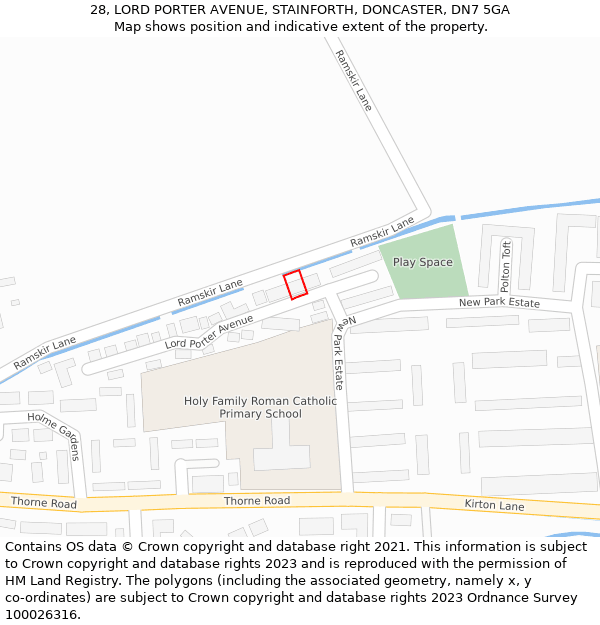 28, LORD PORTER AVENUE, STAINFORTH, DONCASTER, DN7 5GA: Location map and indicative extent of plot