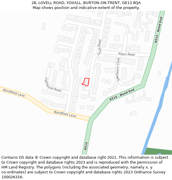 28, LOVELL ROAD, YOXALL, BURTON-ON-TRENT, DE13 8QA: Location map and indicative extent of plot