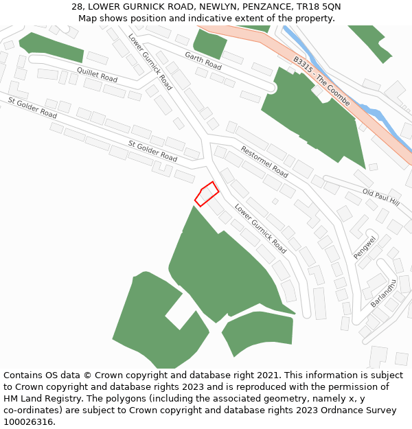 28, LOWER GURNICK ROAD, NEWLYN, PENZANCE, TR18 5QN: Location map and indicative extent of plot