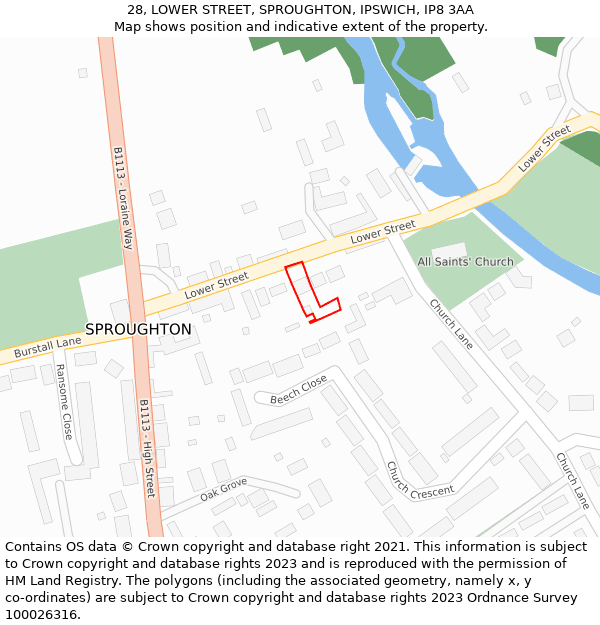 28, LOWER STREET, SPROUGHTON, IPSWICH, IP8 3AA: Location map and indicative extent of plot