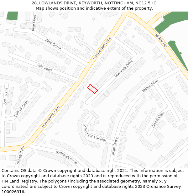 28, LOWLANDS DRIVE, KEYWORTH, NOTTINGHAM, NG12 5HG: Location map and indicative extent of plot