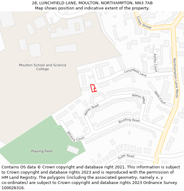 28, LUNCHFIELD LANE, MOULTON, NORTHAMPTON, NN3 7AB: Location map and indicative extent of plot