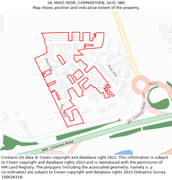 28, MAES PEDR, CARMARTHEN, SA31 3BR: Location map and indicative extent of plot