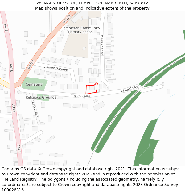 28, MAES YR YSGOL, TEMPLETON, NARBERTH, SA67 8TZ: Location map and indicative extent of plot