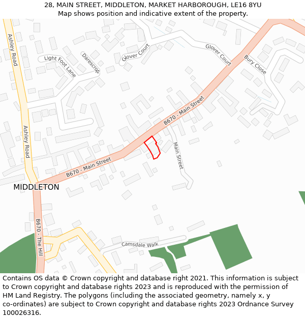 28, MAIN STREET, MIDDLETON, MARKET HARBOROUGH, LE16 8YU: Location map and indicative extent of plot