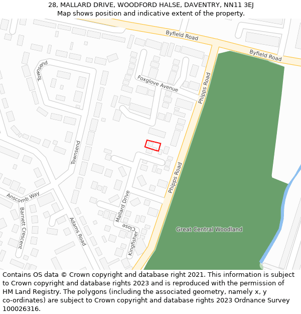 28, MALLARD DRIVE, WOODFORD HALSE, DAVENTRY, NN11 3EJ: Location map and indicative extent of plot