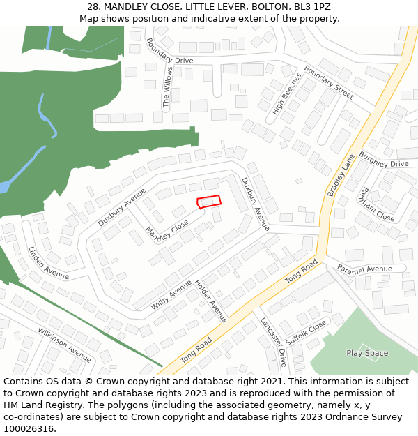 28, MANDLEY CLOSE, LITTLE LEVER, BOLTON, BL3 1PZ: Location map and indicative extent of plot