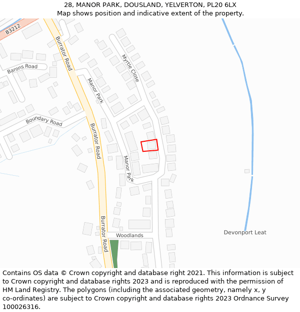 28, MANOR PARK, DOUSLAND, YELVERTON, PL20 6LX: Location map and indicative extent of plot