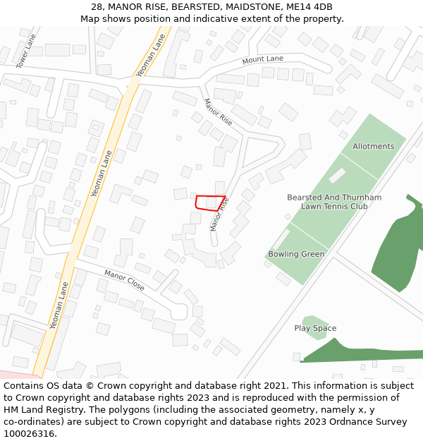 28, MANOR RISE, BEARSTED, MAIDSTONE, ME14 4DB: Location map and indicative extent of plot