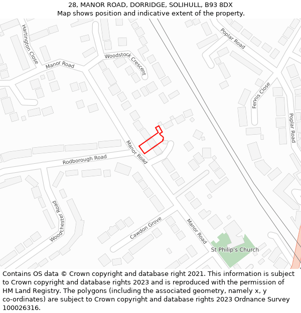 28, MANOR ROAD, DORRIDGE, SOLIHULL, B93 8DX: Location map and indicative extent of plot