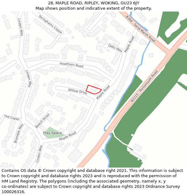 28, MAPLE ROAD, RIPLEY, WOKING, GU23 6JY: Location map and indicative extent of plot
