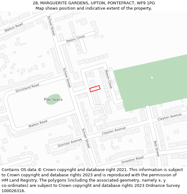 28, MARGUERITE GARDENS, UPTON, PONTEFRACT, WF9 1PG: Location map and indicative extent of plot