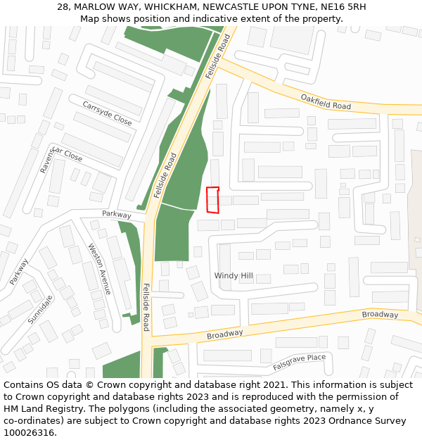 28, MARLOW WAY, WHICKHAM, NEWCASTLE UPON TYNE, NE16 5RH: Location map and indicative extent of plot