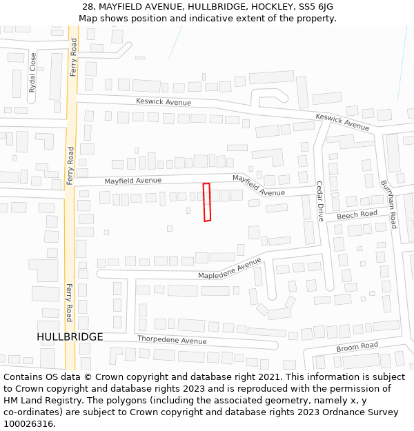 28, MAYFIELD AVENUE, HULLBRIDGE, HOCKLEY, SS5 6JG: Location map and indicative extent of plot