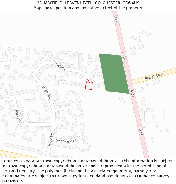 28, MAYFIELD, LEAVENHEATH, COLCHESTER, CO6 4US: Location map and indicative extent of plot