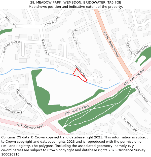 28, MEADOW PARK, WEMBDON, BRIDGWATER, TA6 7QE: Location map and indicative extent of plot