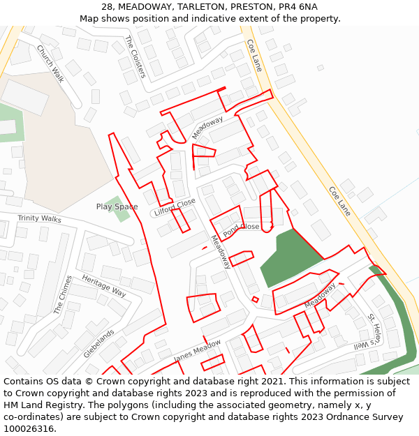 28, MEADOWAY, TARLETON, PRESTON, PR4 6NA: Location map and indicative extent of plot